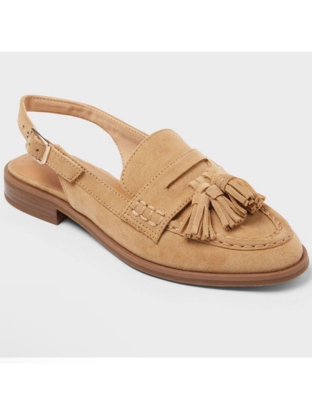 TAN SUEDE TASSEL PENNY LOAFERS SLING BACK FLATS SIZE 8 New